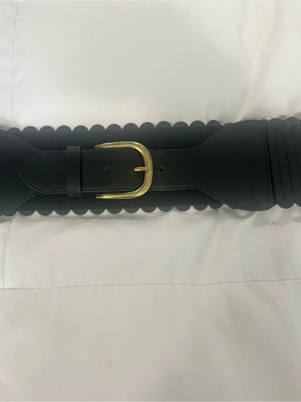 Wide Black Scalloped Waist Belt with Gold Buckle